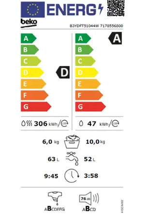 Lave-linge séchant Beko B3YDFT51044W