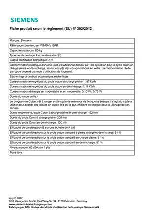 Sèche-linge pompe à chaleur Siemens WT45HV15FR